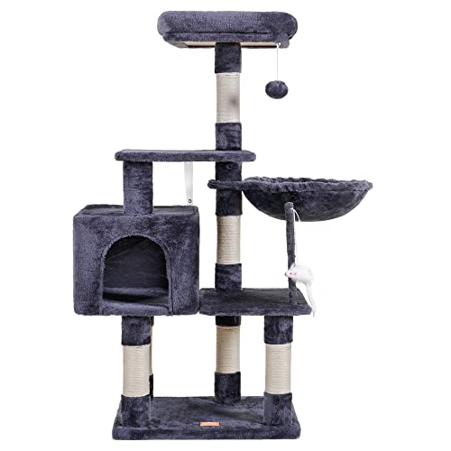 Heybly Cat Tree with Toy, Cat Tower condo for Indoor Cats, Cat House with Padded Plush Perch, Cozy Hammock and Sisal Scratching Posts, Smoky Gray HCT004G - color: Smoky Gray, size: 50.4 inch