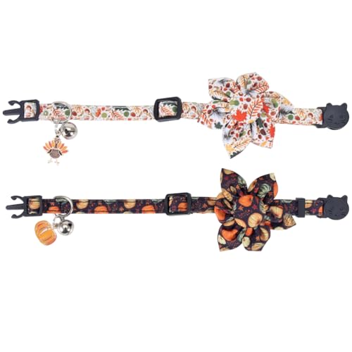 Thanksgiving Day Cat Collar Fall Breakaway with Sunflower and Bell Autumn Holiday for Kitty Adjustable Safety - color: Pumpkin-sunflower