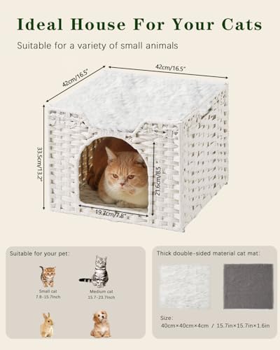 SETVSON Cat Beds Indoor Kitten House, Handwoven Rattan Cat Cave Pet Cube, Large Cat Houses, One Bed Mat, Foldable, Hideaway, 16.5x16.5x13.2 Inches, 2 S-Shaped Hooks in Living Room Bedroom White - color: White, size: Rectangle-M
