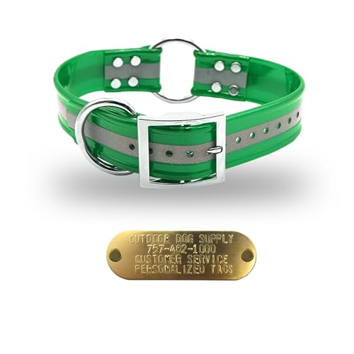 Outdoor Dog Supply 1.5" Wide 25" Long Reflective Dark Green Waterproof Collar with Center Ring & Custom Brass Name Plate – Durable, Odor-Resistant for Large & XL Breeds - color: Reflective Dark Green, size: 25" Long