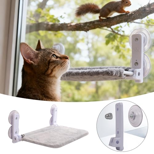 Cat Window Perch Cordless Foldable Cat Hammock Bed with 4 Strong Suction Cups, Solid Metal Frame and Soft Cover for Indoor Cats (Grey)