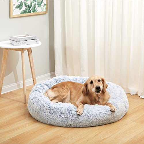 Bedfolks Calming Donut Dog Bed, 36 Inches Round Fluffy for Large Dogs, Anti-Anxiety Plush, Machine Washable (Light Blue, Large) - color: Light Blue, size: 36.0"L x 36.0"W x 8.0"Th