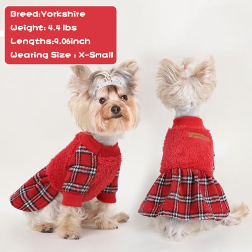 Dog Sweater Dresses for Small Dogs Girl Boy, Plaid Dog Clothes Outfit, Winter Warm Fleece Princess Plaid Dresses, Pet Festival Outfits Apparel Clothing, Small, Red, S - color: Red, size: Small (Chest 15in )