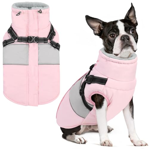Small Dog Coat with Harness Built in, Warm Dog Jacket Winter with Zipper On Back, Waterproof Pet Snow Jacket Snowsuit Pet Sweater Clothes for Schnauzer, Yorkshire Terrier, Pink S - color: Pink, size: Small