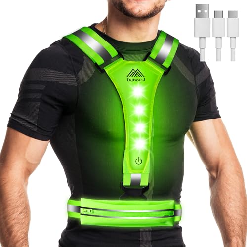 Topward LED Reflective Vest Running Gear, USB-C Rechargeable, Light Up Lights for Night Dog Walking Cycling, Running Phone Holder Vest for Runners, High Visibility with Adjustable Waist/Shoulder - color: green