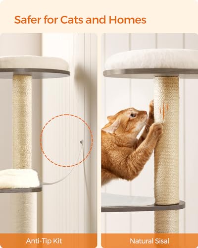 Feandrea Cat Tree, 64.6-Inch Modern Cat Tower, Multi-Level Condo with 5 Scratching Posts, Perch, Washable Removable Cushions, Cave, Heather Greige UPCT166G01 - color: Heather Greige