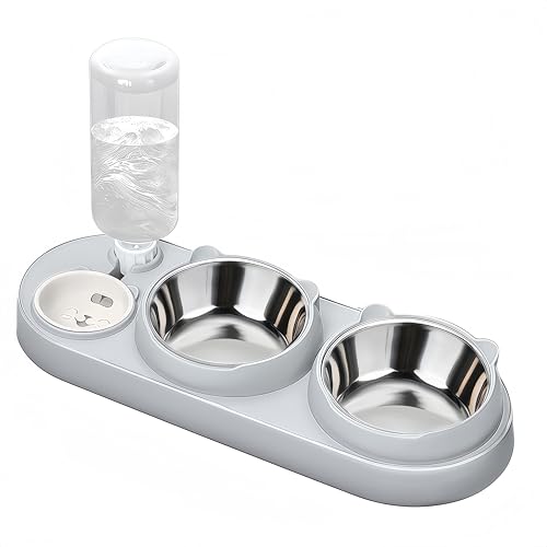 3 in 1 Cat Bowl, Cat Food and Water Bowl Set with Water Dispenser and Stainless Steel Bowls, 15° Tilted Pet Raised Three Bowls for Indoor Cats, Small or Medium Sized Dogs