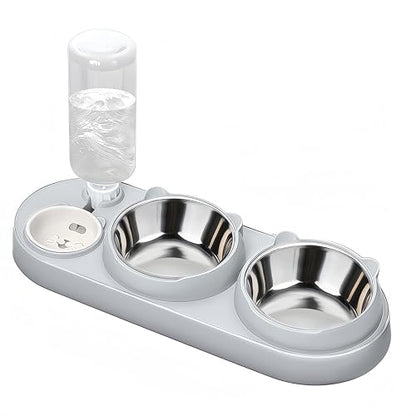 3 in 1 Cat Bowl, Cat Food and Water Bowl Set with Water Dispenser and Stainless Steel Bowls, 15° Tilted Pet Raised Three Bowls for Indoor Cats, Small or Medium Sized Dogs