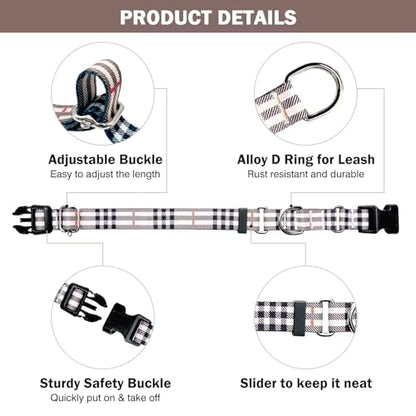 Hikiko Plaid Dog Collar for XSmall Puppy Dogs with Adjustable Nylon Martingale Collars Quick Release Buckle (Beige Plaid,X-Small) - color: Beige plaid, size: X-Small