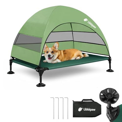Windproof Elevated Dog Bed with Canopy & Stakes, 3-Sided 90% UV Block, Chew-Proof Teslin Mesh Mat for Large Dogs up to 150lbs(Green Large) - color: Green, size: Large