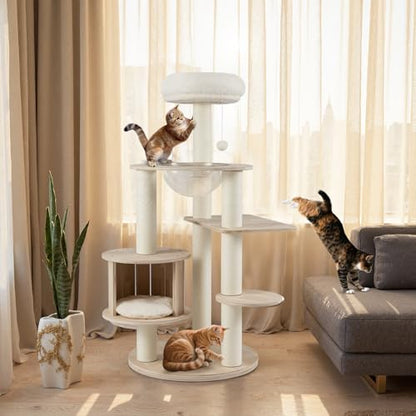 PETSITE 52 Inches Wooden Cat Tree, Multi-Level Modern Cat Tower with Scratching Posts, Space Capsule, Condo, Interactive Hanging Ball, and Top Perch with Removable and Washable Cushions