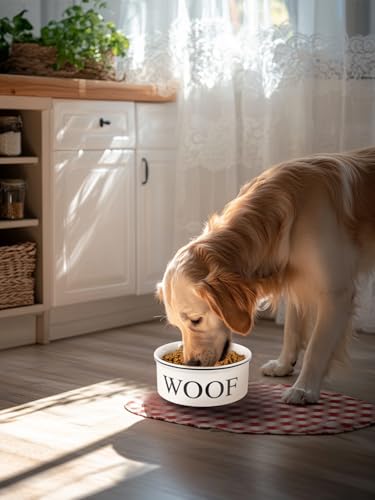 Ceramic Dog Bowl with Bone Pattern - 8" Extra Large Food Water Bowl for Medium and Large Dogs, Weighted, Microwave & Dishwasher Safe, 55 oz (Beige) - color: Off-white