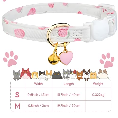 Cotton Breakaway Cat Collar, Adjustable Kitten Safety Collar with Strawberry Pendant, Lightweight Pet Collar for Cats (Pink) - size: Medium