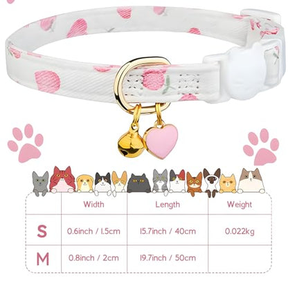 Cotton Breakaway Cat Collar, Adjustable Kitten Safety Collar with Strawberry Pendant, Lightweight Pet Collar for Cats (Pink) - size: Medium