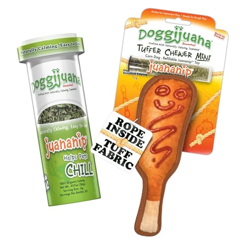 Doggijuana Mini Doggi Duo Refillable Juananip Toy Bundle | Corn Dog & Juananip | Funny Dog Toy Plush with Catnip and Refill | Interactive Chew for Play - style: Corn Dog & Juananip