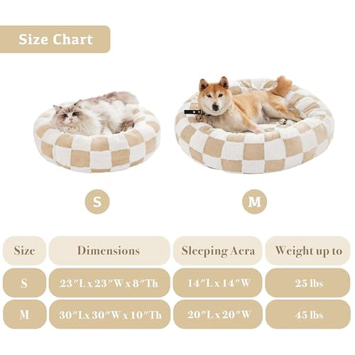 Ohocut Checkered Cat Dog Bed, Cute Beige Khaki Retro Style Aesthetic Round Warming Pet Calming Beds for Small Dog and Cats, Plush Cozy Donut Beds Washable, 23" L x 23" W x 8" Th - color: Beige, size: 23"L x 23"W x 8"Th
