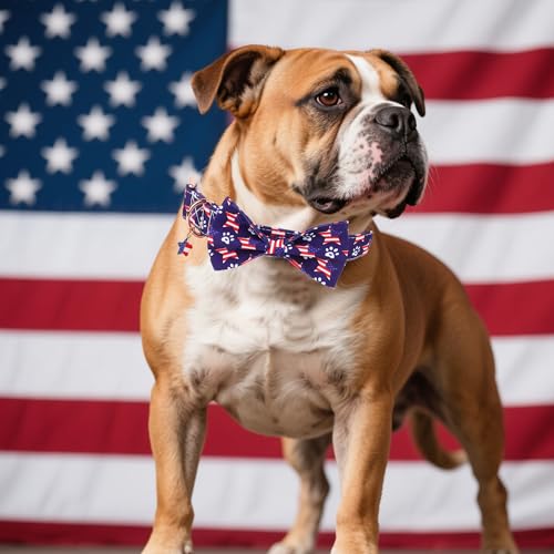 ADOGGYGO American Flag Dog Collar with Bow, Detachable Red Blue Star Puppy Bowtie, Metal Buckle, Adjustable Patriotic 4th of July Collars for Small Dogs Boy Girl (X-Small) - color: American Flag, size: X-Small