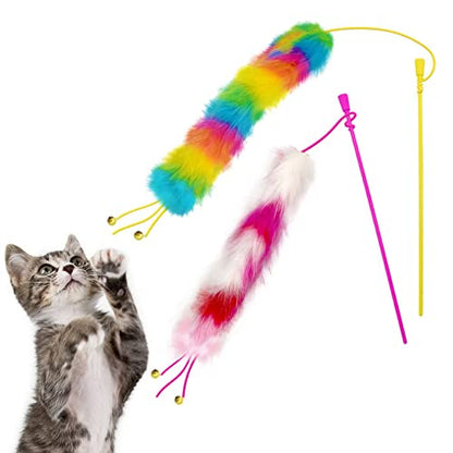 2 Pack Cat Wand Toy, Rainbow Cat Feather Toys with Bells, Teaser Wand with Soft Furry Tail, Interactive Toys for Indoor Cats & Kitten & Kitty - style: D-Yellow&Rose Red-2pcs
