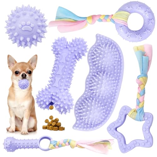 Petcare 6 Pack Puppy Teething Toys, Cute Purple Small Dog Chew Toys for Puppies 0-6 Months, Soft Rubber Rope Dog Teething Toys, Best Small Puppy Toys, Puppy Essentials Supplies - color: Purple