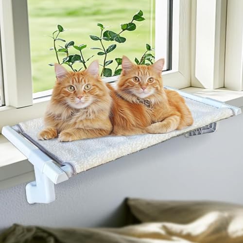 Cat Bed Window Sill Perch,Adjustable Cat Bedside Hammock Metal Frame Kitten Shelf Windowsill for Indoor Large Heavy Cats No Drilling Window Sill Extender for Pets (White, M) - color: White, size: M