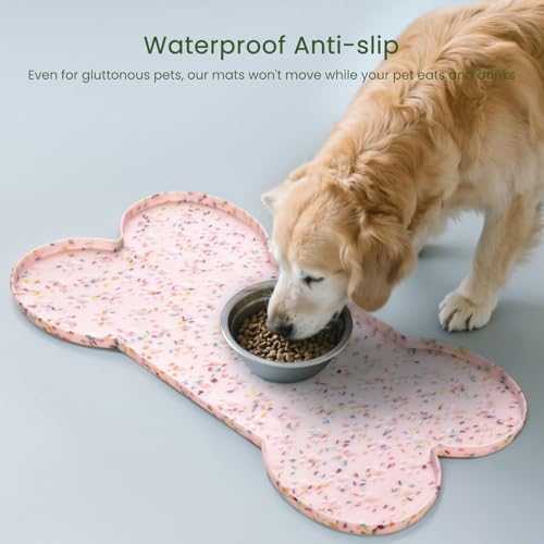 PWTAA Dog Food Mat Anti-Slip Silicone Dog Bowl Mat Thicker Pet Placemat Waterproof Cat Feeder Pad with Raised Edge Puppy Kitten Feeding Mats Suitable Small Medium-Sized Dogs Cats Eating Tray - color: Donut Pink, size: 19.4" x 9.8"