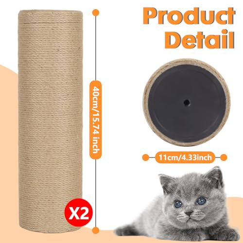 PowerKing Thick Natural Sisal Replacement Scratching Post,15.7" Length, 4.5" Thick, 2Pcs M8 Cat Scratch Post Refill Poles, Ideal for Refurbishment, Includes Screws, Natural - color: Beige, size: 15.7''+15.7'' (4.5'' Thick)