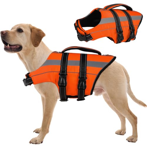 FUAMEY Dog Life Vest with Reflective Strips, Adjustable Dogs Floats for Swimming Boating with Rescue Handle, Lightweight Dog Life Jacket, Orange, XL - color: Orange Red, size: X-Large
