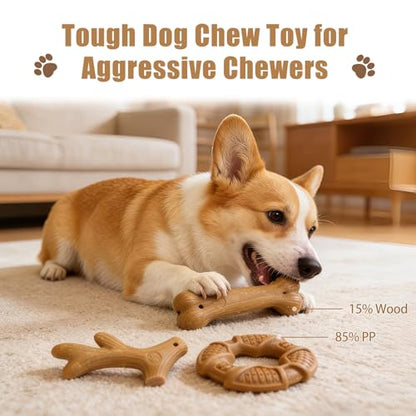 Dog Chew Toys for Aggressive Chewers, 3 Pack Nylon & Wood Teething Bone Toy Set with Chicken Flavor, Durable Tough Bones Chewing Toys for Small & Medium Dogs - style: 3Pack-Medium