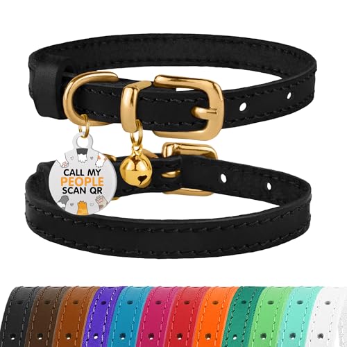 Leather Cat Collar with Removable Bells Non Breakaway Kitten QR Tag for Girl Boy (7" - 9" for Cats, Black & Gold) - color: Black & Gold, size: 7 - 9 inch