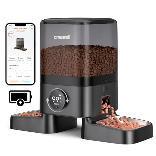 oneisall Cordless WiFi Automatic Cat Feeder for 2 Cats, Rechargeable 100-Day Battery Operated Auto Cat Feeder, 20 Cups/5L Timed Cats Food Dispenser Automatic for Large Kibble, Smart App Control