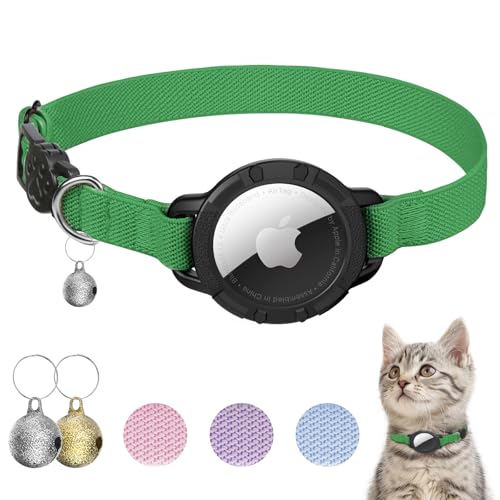 AirTag Cat Collars, Stretchy Collar with Apple AirTag Holder and Bell, Breakaway Ultra Design Elastic GPS Tracking Collars for Cats and Puppies, (7.5-12.5 Inch), Emerald Green - color: Dark Green