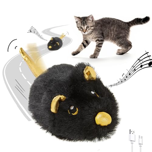 Cat Toys Squeaky Rechargeable Moving Mouse with Dynamic Magic Tail, Automatic Self Play Cat Toy for Indoor Kittens (Black) - color: Inky Black