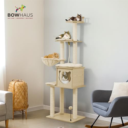 BOWHAUS 64” Wooden Cat Tree Tower for Indoor Large Cats & Kittens, Modern Tall Cat Climbing Tree w/Cave Condo, Scratching Posts, Hammock, Multi-Level Cat Tower w/Interactive Toy & Detachable Cushion