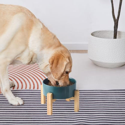 8'' Ceramic Raised Dog Bowl - 70Oz Dog Food & Water Bowl with Elevated Non-Slip Bamboo Stand, Dishwasher & Microwave Safe, Anti Vomiting Heavy Duty Pet Bowl for Medium and Large Dogs, Green - color: 1 x Bowl + Stand - Green, size: 8 inch