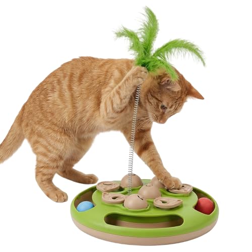 Walfront Interactive Cat Toy for Indoor Cats, Feather Spring Cat Toy with Rolling Balls, Tree Shape Puzzle Track Toy for Kittens, Self Play Cat Activity Center, Boredom Relief Hunting Exercise Toy