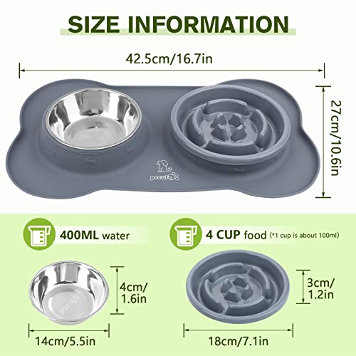 Pecute Slow Feeder Dog Bowls to Slow Down Eating, Dog Bowl Slow Feeder with No-Spill Non-Skid Silicone Mat, Food-Grade Safe Dog Food Bowls Slow Feeder, Stainless Steel Dog Water Bowl for Dogs Cats - size: Medium-1¾ Cup/13.5 oz each