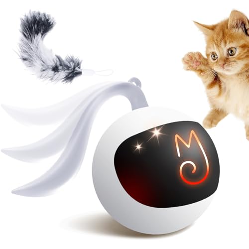 Migipaws Interactive Cat Ball Toy Set, Fun Tracker, Automatic Rolling Chase Ball with Fluffy Tail, A Small Mice, Rechargeable (White) - color: White