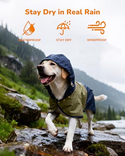 Waterproof Dog Raincoat with Hood, Extended Coverage Rain Jacket for Large Dogs, Wind-Resistant Secure Fit with Leg Straps, Reflective, Leash Hole, Easy Hook & Loop Fastener On/Off, Blue, L - color: Blue-Green, size: Large