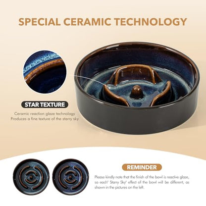 Havniva 0.9 Cup Elevated Slow Feeder Dog Bowls, 6.1” Dog Slow Feeding Bowls + 6.1” Ceramic Dog Water Bowls Set with Acacia Wood Stand, Dog Food Bowls Puzzle Feeder for Small Dogs Non-Slip Anti-choking - color: 2 x Starry Sky + Stand - A, size: S- 6.1inch