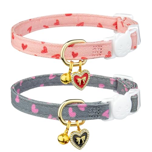 2 Pack Cotton Breakaway Cat Collar Pink and Gray Heart Shaped Pendant Cute Kitten Cat Collar with Bell - color: Pink&Gray