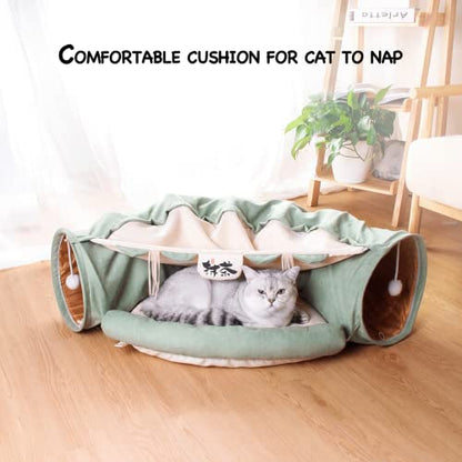 LEFTSTARER 2-in-1 Collapsible Cat Tunnel for Indoor Bed and Hideout - Pet Dog Rabbit Bunny Ferret Tunnel Tubes Toys with Removable Washable Mat, Tower Wheel Stuff - color: 1.Green