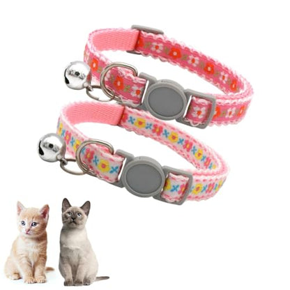 2 Pack Cat Collar with Bells, Pink White Flower Collars for Cats Breakaway Safety Buckle Girl Kitten Collars with Bells Cute Fancy Boy Female for XXS XS Tiny Little Puppy Pet Dogs,Neck 7-12 Inch - color: Pink+White
