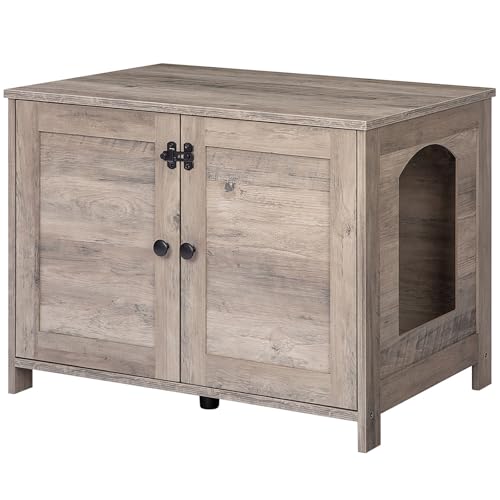 HOOBRO Litter Box Enclosure, Cat Litter Box Furniture with Removable Divider, Large Hidden Litter Box Furniture, Wooden Cat House, End Side Table, 31" L x 17.5" W x 19.7" H, Greige BG03MW01G2 - color: Greige