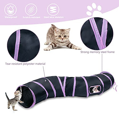 Sheldamy Cat Tunnel, S-2-Way Cat Tunnels for Indoor Cats, Collapsible Cat Play Tunnel, Interactive Toy Maze Cat House with 1 Play Ball for Cats, Puppy, Kitty, Kitten, Rabbit (Pink & Black) - color: S-2 Way Pink & Black