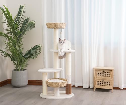 PetPals® Pharaoh 5-Level Cat Tree with Recycled Paper Rope Baskets, Sisal Scratching Posts, Teaser Toy, Massager, Eco-Friendly Boho Cat Furniture for Cats Up to 15 lbs - color: Beige