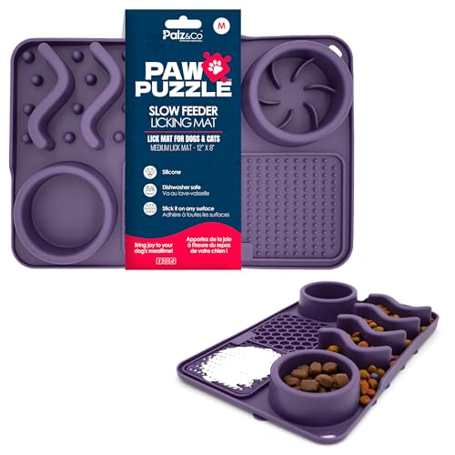Palz&Co Paw Puzzle 2-in-1 Slow Feeder & Lick Mat for Dogs and Cats, Dry and Wet Food, Dishwasher Safe Silicone, Medium 12"x8", Purple - size: Medium