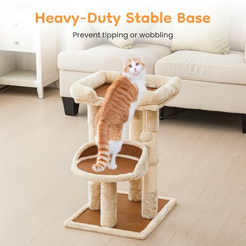 Multi-Level Cat Tower with Scratching Posts, Cat Tree with Double Cat Bed & Hanging Toys, Cute Climbing Tower with Sisal Scratcher for Kittens & Adult Cats, Cream White - color: Cream White