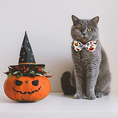 Halloween Cat Collar with Bell, Kitty Kitten Holiday Bow tie Collar Breakaway 2 Pack for Girl and Boys Male Female - color: Pattern A