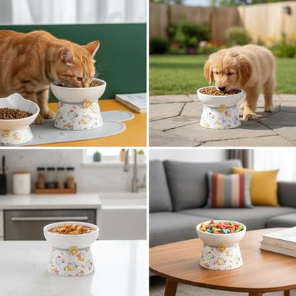 Elevated Ceramic Cat Bowls, 15°Raised Cat Food Bowl, Whisker Friendly Anti Vomiting Cats Dishes, Anti Vomiting & Protect Pet's Spine, Feeder Dish for Indoor Kitty and Small Dogs (Cat Pattern) - color: Cat pattern