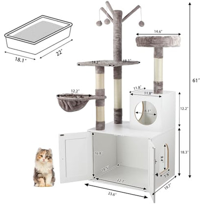 Timberer Litter Box Enclosure with Cat Tree, 2-in-1 Hidden Litter Box Furniture with Scratching Post, Modern Cat Condo, White - color: White